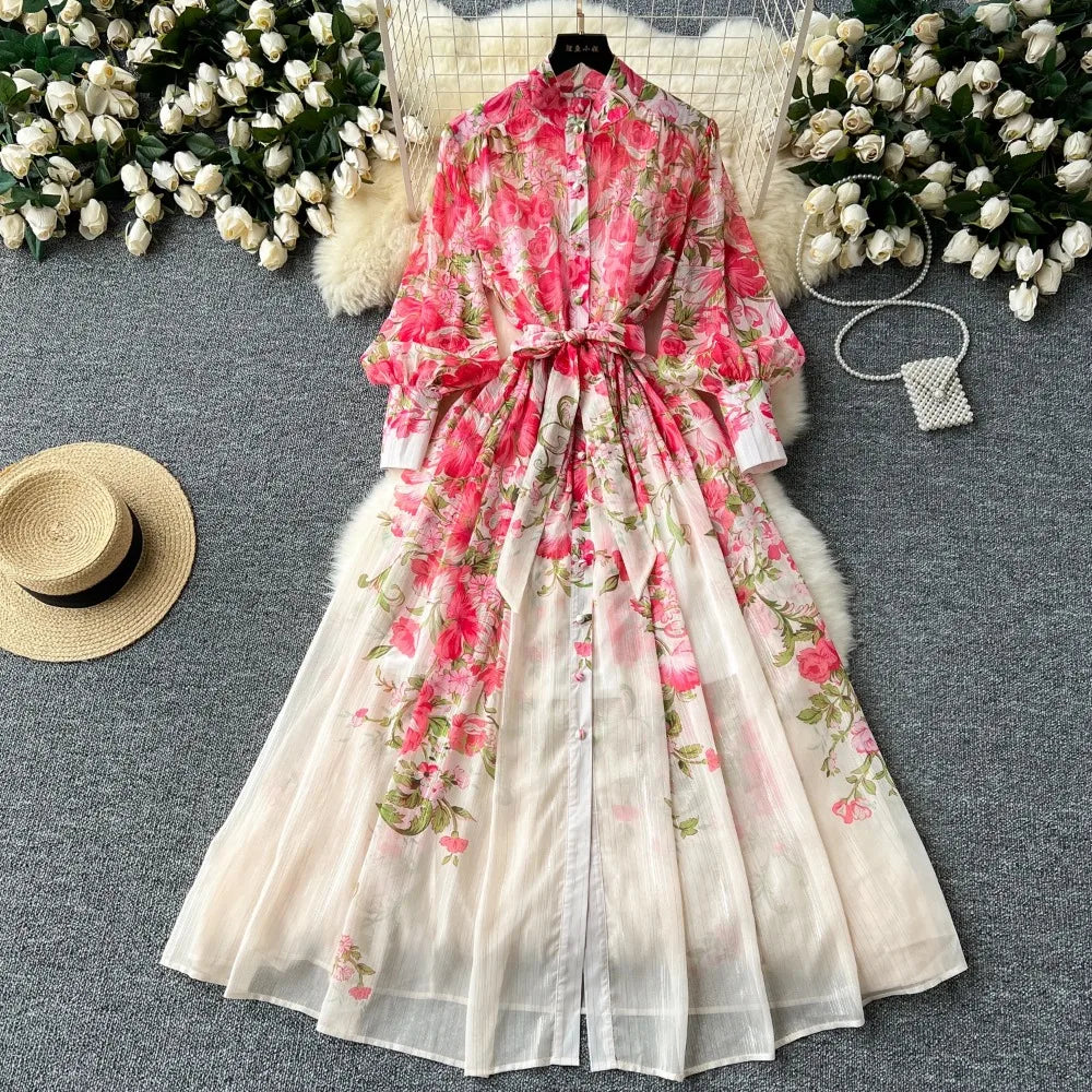 Retro Print o neck lool sleeve sashes Single Breasted Dress A-line Casual High Waist Women Summer chiffon Dresses