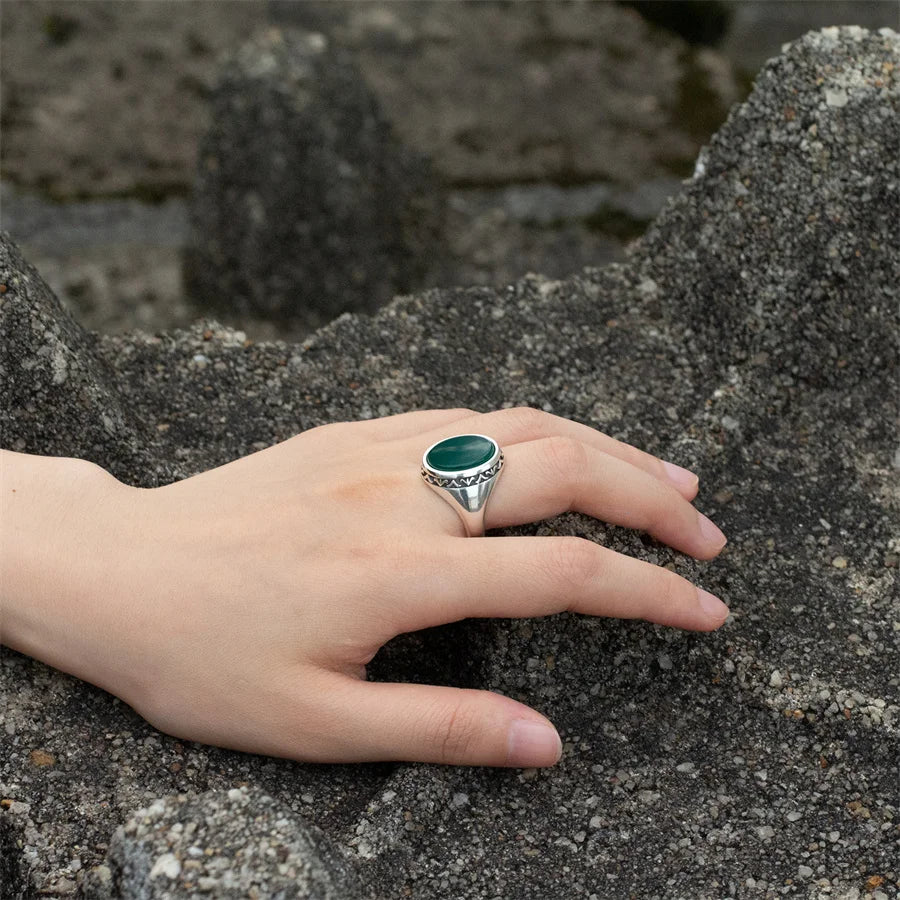 100% Solid Real S925 High Quality 8g Pure Silver Men Ring Agate Green Fashion Couple Gift