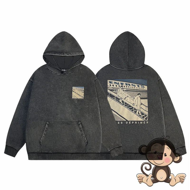 Red letter printed ERD men's hoodie retro pure cotton loose casual sportswear streetwear men