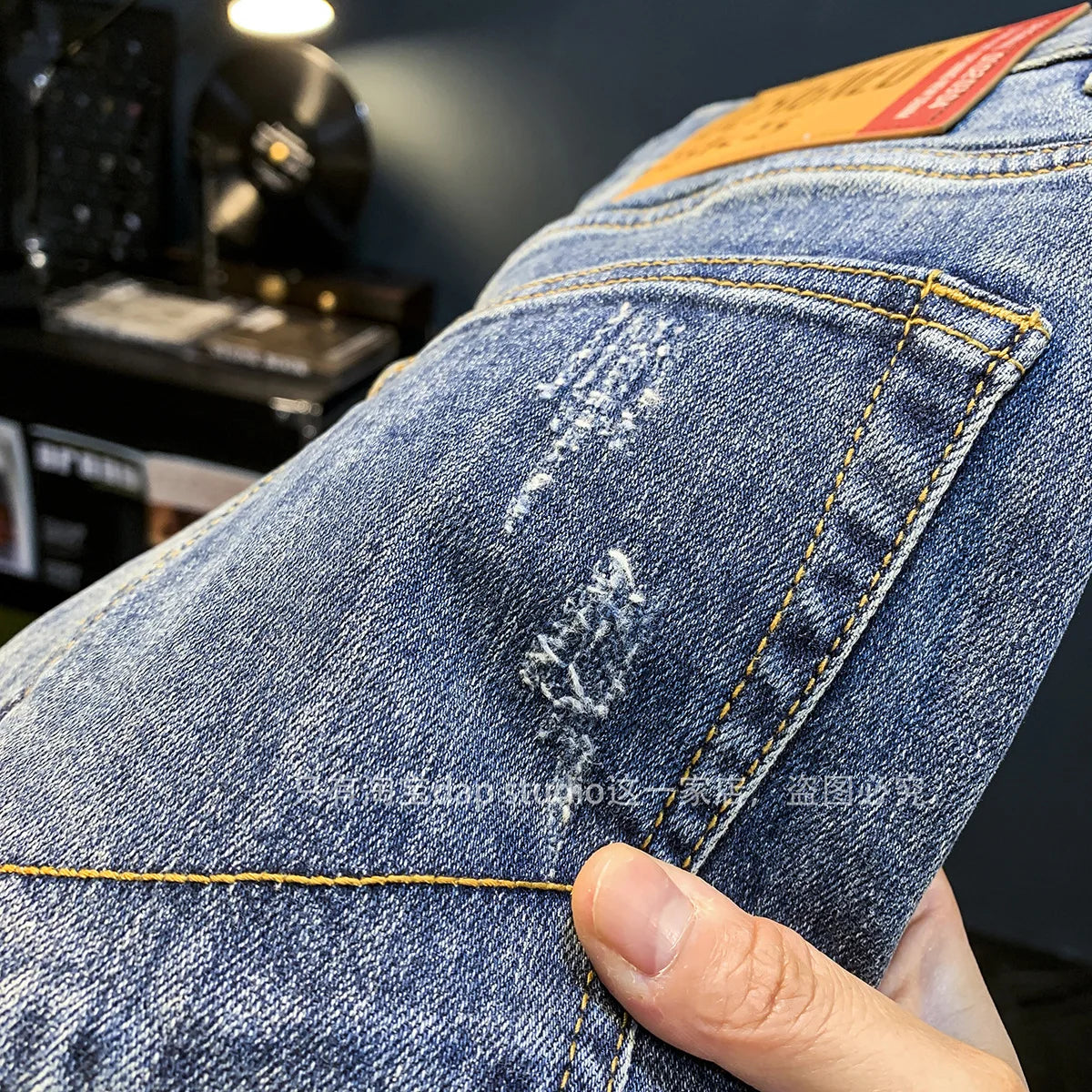 Light Luxury Jeans for Men 2024 Autumn Retro Distressed Casual Trousers Fashion Street Skinny Denim Pants