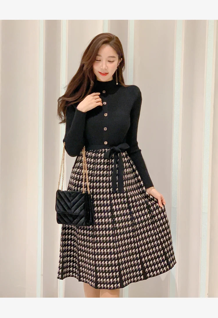 Korean Elegant Knitted Plaid Patchwork Midi Dress for Women Long Sleeve O-neck Bird Lattice Bow Pleated Dress Autumn Winter 2023