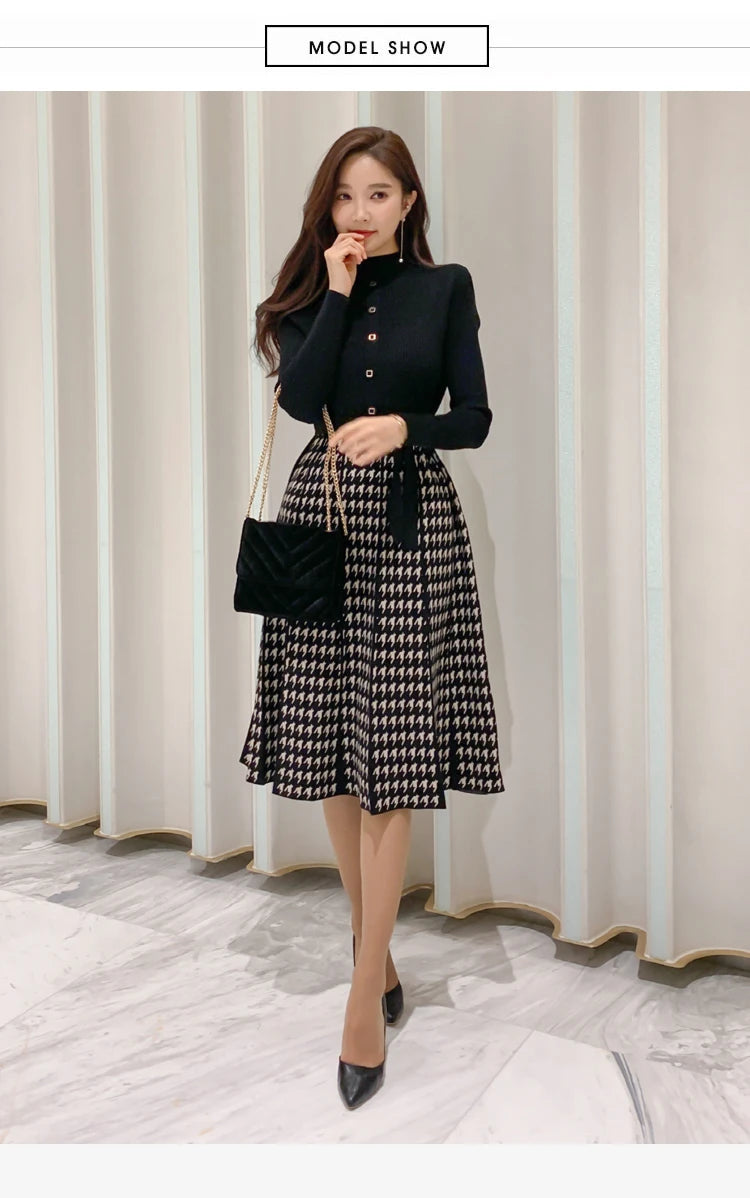 Korean Elegant Knitted Plaid Patchwork Midi Dress for Women Long Sleeve O-neck Bird Lattice Bow Pleated Dress Autumn Winter 2023