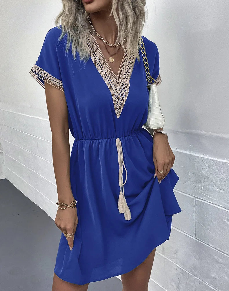 High Quality Dress Women Summer 2024 Casual Hollow Lace Patchwork V-neck Short Dress Tassels Tied Waist Belt Vintage Vestido Y2k