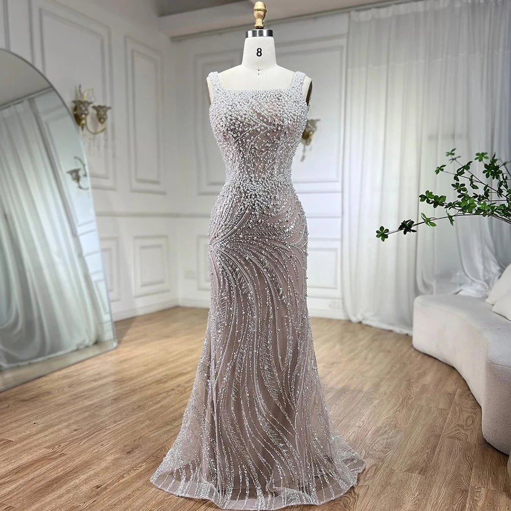 Serene Hill White Nude Spaghetti Strap Mermaid Evening Dresses Gowns Luxury Pearls Beaded For Women Wedding Party 2024 LA72266