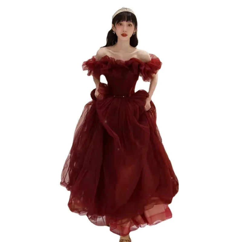 Wine Off Shoulder Sweat Lady Girl Women Princess Bridesmaid Banquet Party Ball Prom Dress Gown Fashion Celebrity Dresses