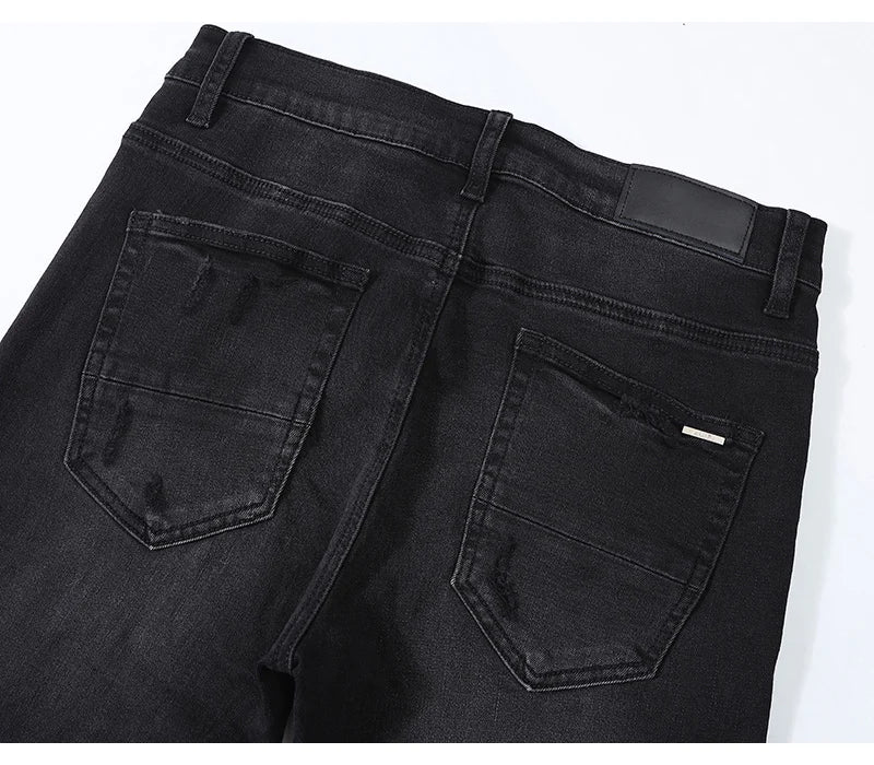 Designer High Street Fashion Men's Retro Black Jeans Stretch Slimming Ripple Jeans Men's Hip Hop Brand Pants Hombre