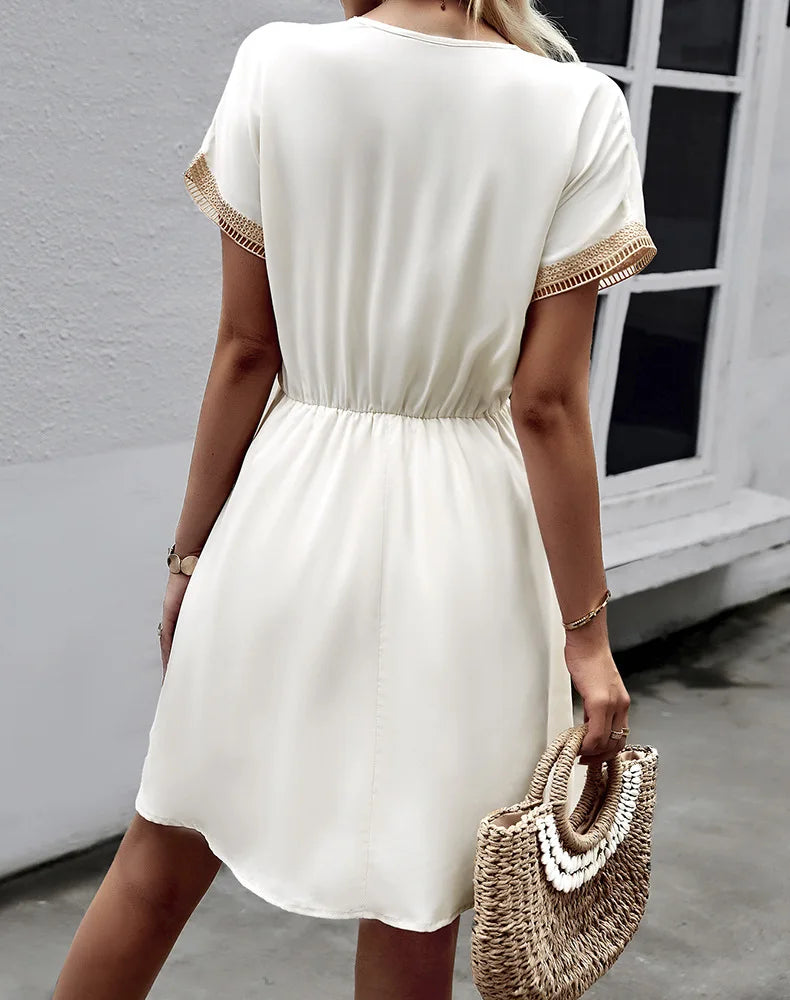 High Quality Dress Women Summer 2024 Casual Hollow Lace Patchwork V-neck Short Dress Tassels Tied Waist Belt Vintage Vestido Y2k