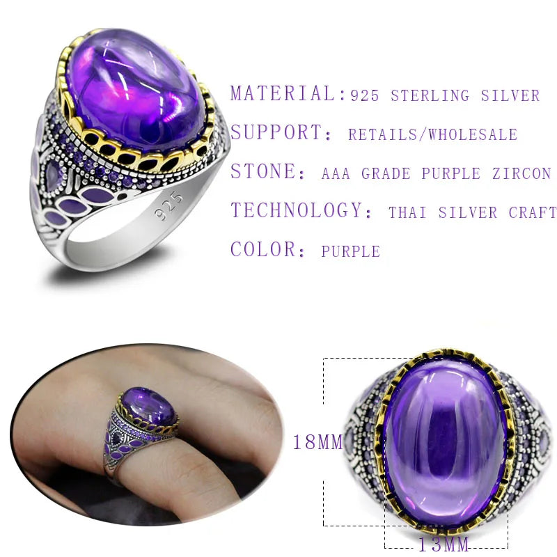 New Türkiye Women 925 Sterling Silver Handmade Ring AAA Purple Zircon Punk Vintage Mystery Christmas Party Jewelry Gift