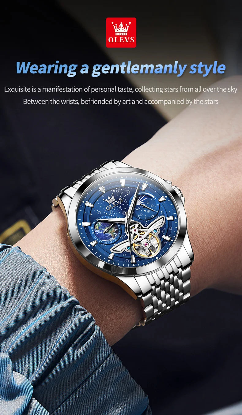 OLEVS Luxury Brand Men's Watches Luminous Waterproof Fully Automatic Mechanical Watch Starry Sky Dial Moon Phase Hollow Out