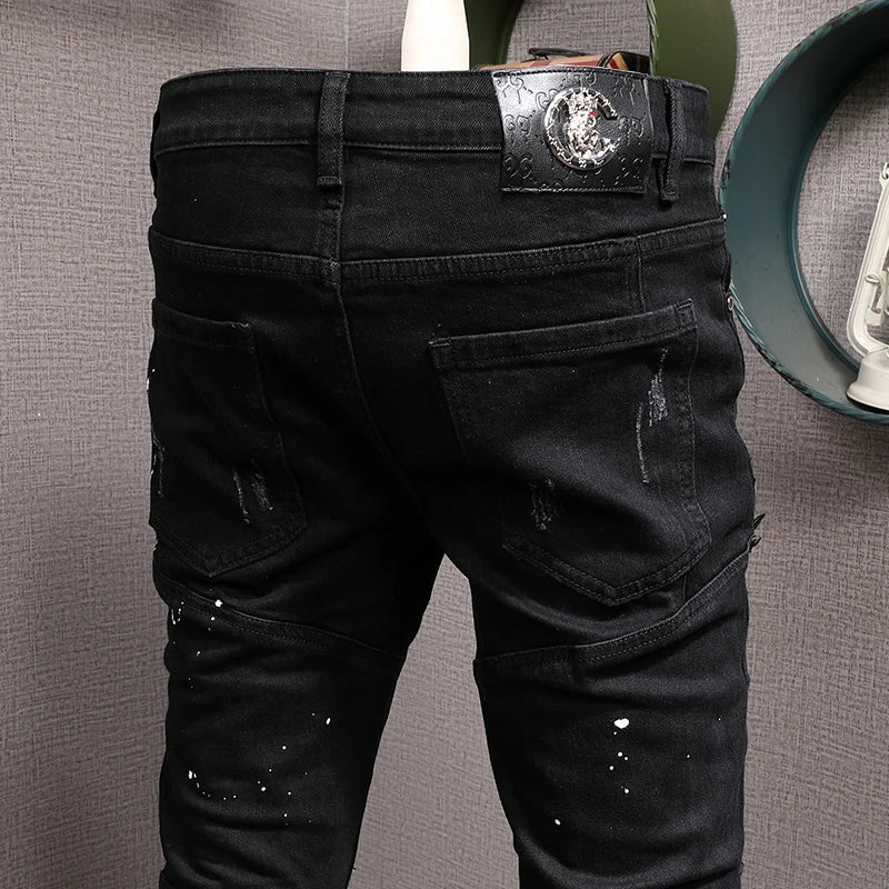Streetwear Fashion Men Jeans Black Color Stretch Elastic Slim Fit Painted Ripped Jeans Men Patch Designer Hip Hop Pants Hombre