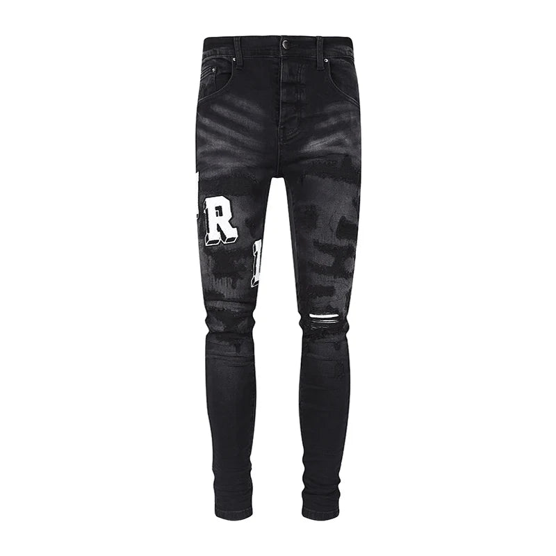 Designer High Street Fashion Men's Retro Black Jeans Stretch Slimming Ripple Jeans Men's Hip Hop Brand Pants Hombre