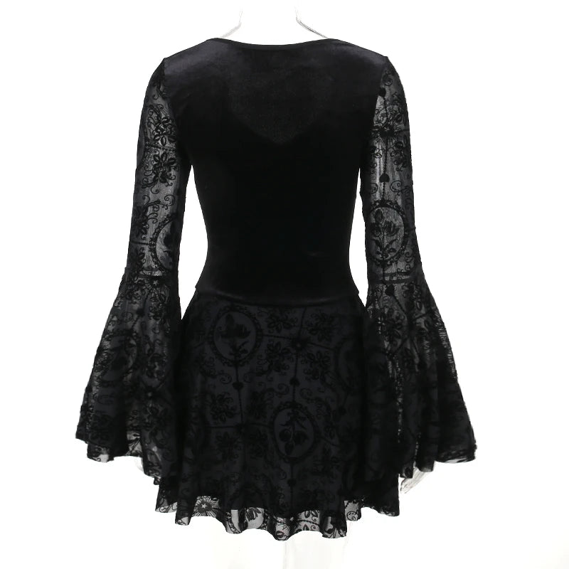 InsGoth Gothic Long Sleeve Ruffle Mini Dress Women's Vintage V Neck Velvet Stretchy Bodycon Cocktail Dresses Victorian Blouse