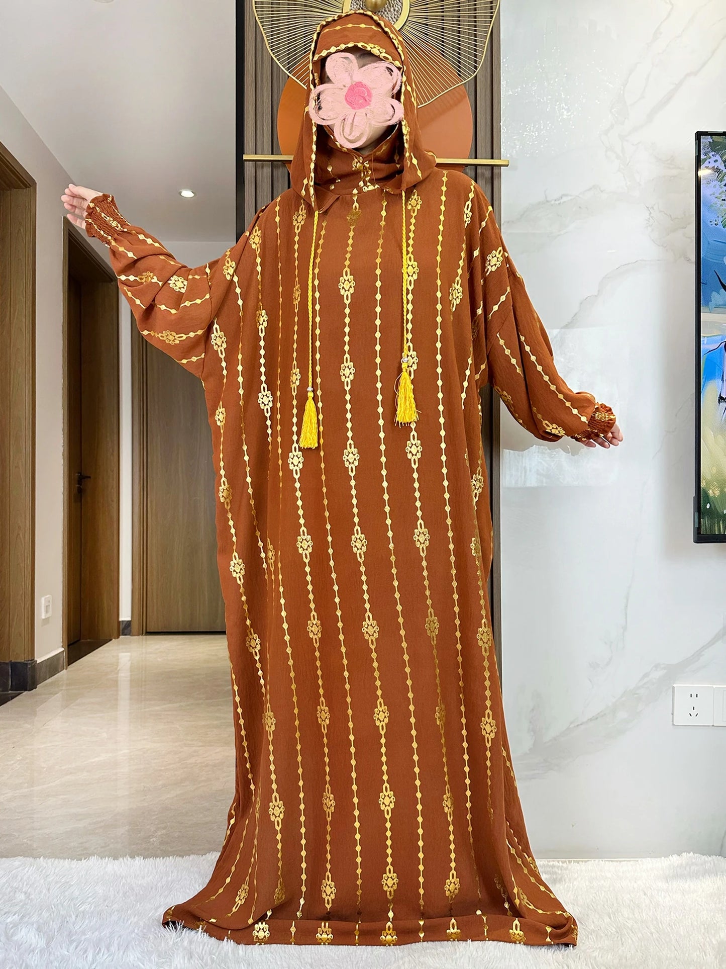 New Cotton Ramadan Muslim Two-Hat Abaya Dubai Turkey Islam Prayer Clothes Gold Dust Dress Islam Women Dress Kaftan
