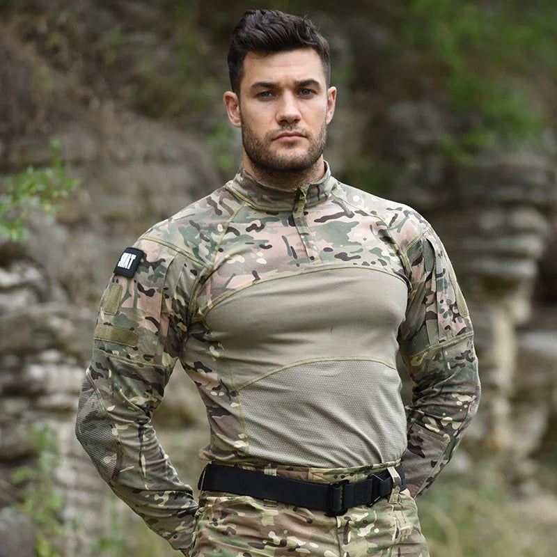 Combat Shirts 1/4 Zip Long Sleeve Tactical Shirts Breathable Outdoor Hiking Shirts Pullover Tops Hunting Clothes Wear Resistant