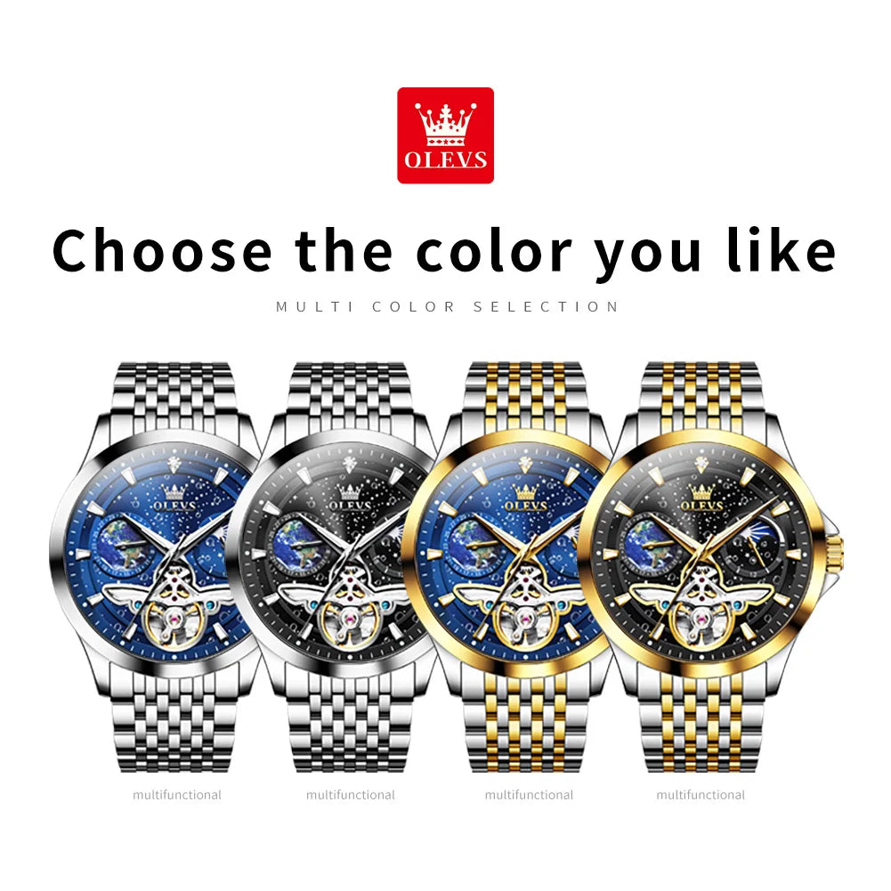 OLEVS Luxury Brand Men's Watches Luminous Waterproof Fully Automatic Mechanical Watch Starry Sky Dial Moon Phase Hollow Out
