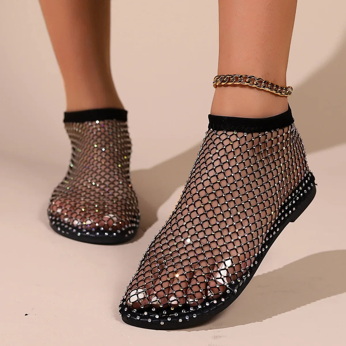 Shiny Mesh Low Heel Sandals Woman Summer Flats Luxury Crystal Woman Shoes Stretchy Sexy Rhinestone Cold Boots Sandalias Mujer