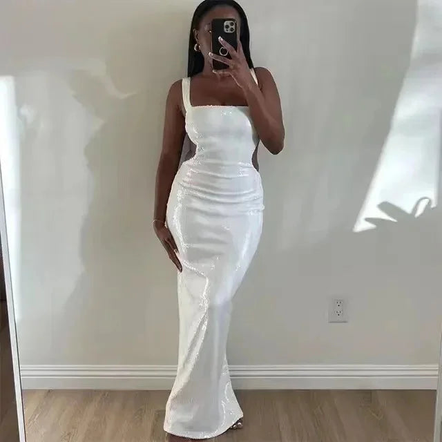 Meshkis Sexy Sling Backless Silvery Maxi Dresses For Women Club Shiny Dress Glittering Sleeveless Robes Evening Party Vestidos