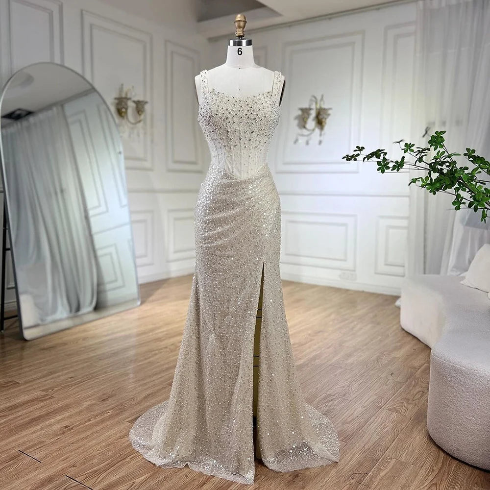 Serene Hill Beige Mermaid Floor Length Evening Gowns Luxury Beaded Crystal Spaghetti Strap Party Drsses For Women 2024 LA72163