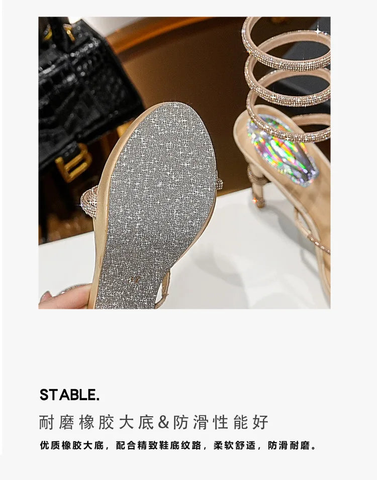 Summer new round toe waterproof table snake-shaped rhinestone women's shoes thin high-heeled banquet dress versatile sexy sandal