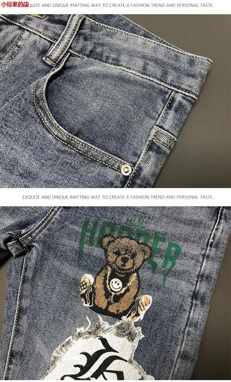 New Arrival Slim Fit Denim Jeans Cute Cartoon Bear Print for Men's Casual Spring Autumn Stretch Slim Jeans Hombre Graphic Jeans