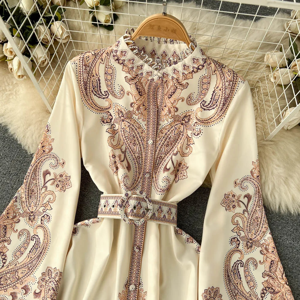 Spring Autumn Retro Long Dress Women Standing Neck Flared Sleeve Printed Party Dresses Ladies Slim A-line Court Style Long Robe