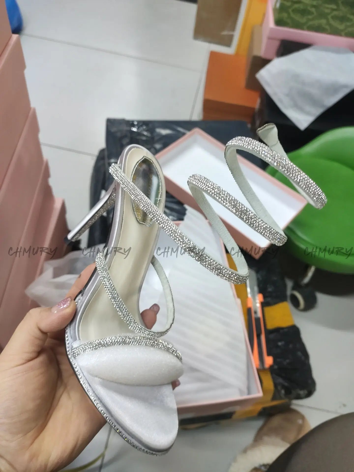 CHMURY Snake Wrapped Sandals Women's Summer Fashion 2024 New Black Sexy Rhinestone Glitter Craystal Thin Heel High Heels
