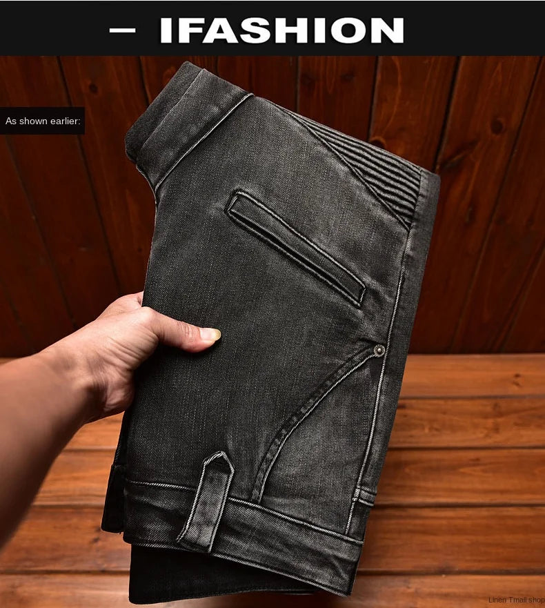 Motorcycle Jeans Black and Gray for Men 2024 Fashion Rock Skinny Pants Personality Stitching Vintage Men's Skinny Trousers