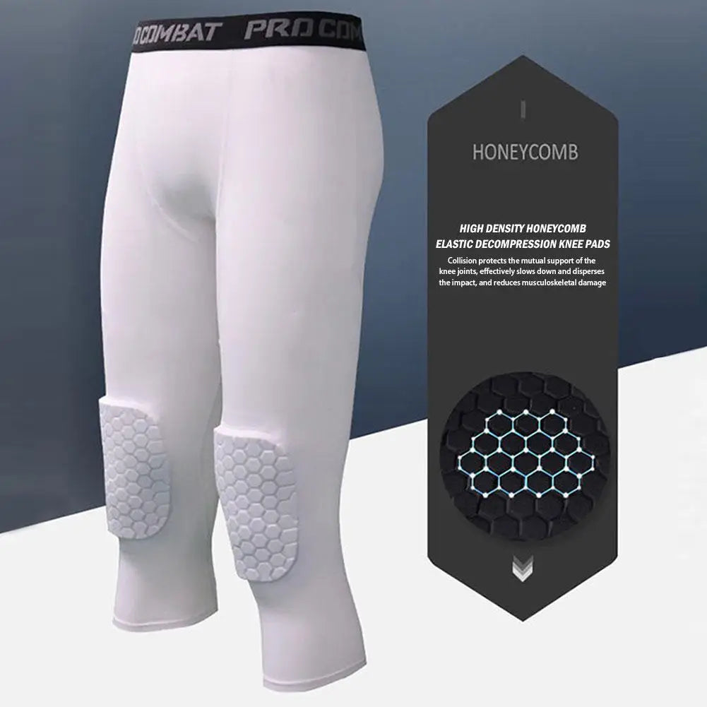 Men's Honeycomb Knee Pads Running Anti-collision Tight Safety Pants Basketball Training 3/4 Leggings Sports Compression Pants