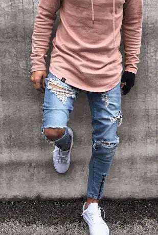 Men's Fashion Street Ripped Jeans, European and American Casual Non-Stretch Zipper At The Ankle Slim Jeans for Autumn S-XXXL