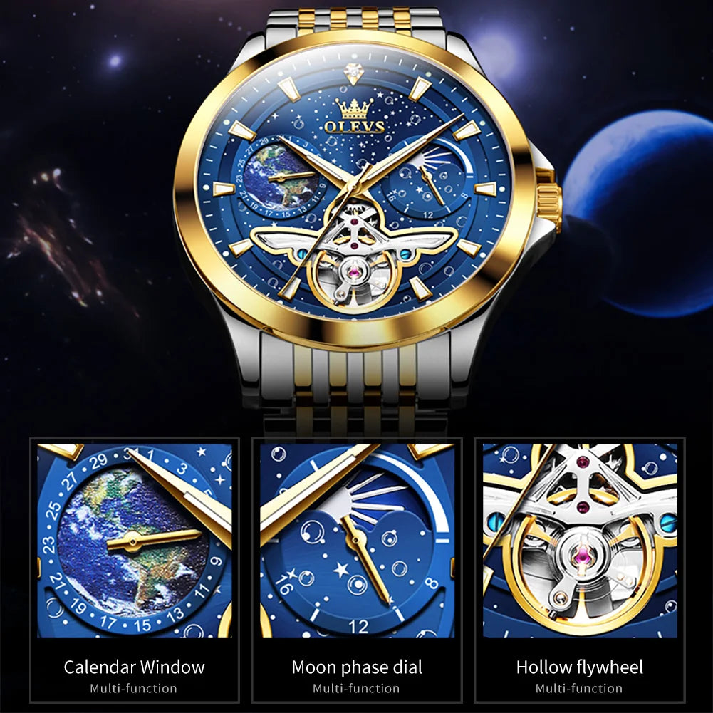 OLEVS Luxury Brand Men's Watches Luminous Waterproof Fully Automatic Mechanical Watch Starry Sky Dial Moon Phase Hollow Out