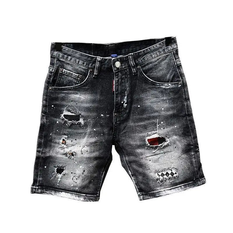 Luxury Brand Designer Clothes Men's Casual Denim Knee-Length Shorts Summer 2024 Fashion Black Patches Paint Jeans Shorts Men