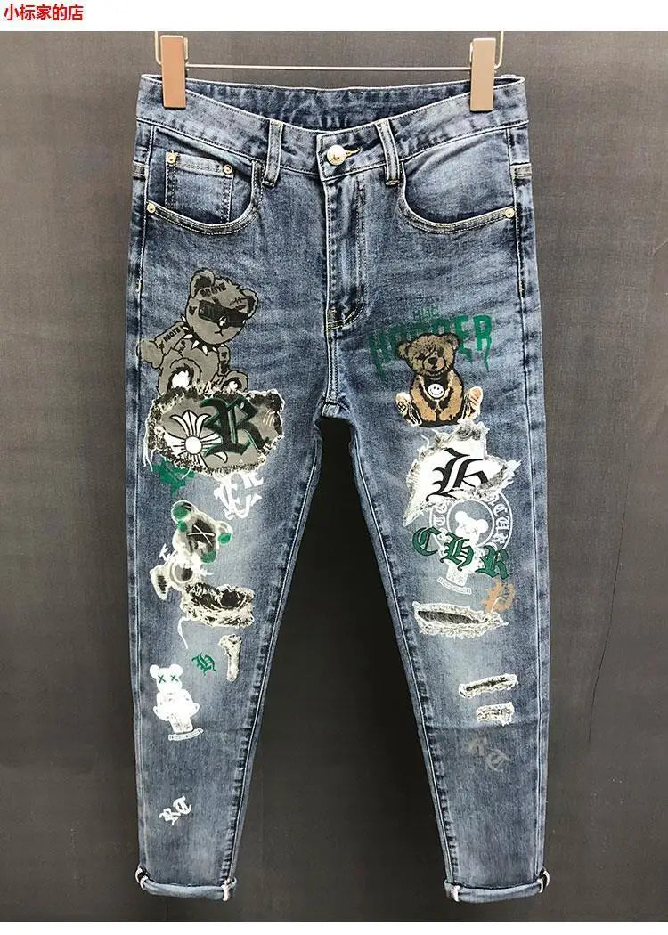 New Arrival Slim Fit Denim Jeans Cute Cartoon Bear Print for Men's Casual Spring Autumn Stretch Slim Jeans Hombre Graphic Jeans