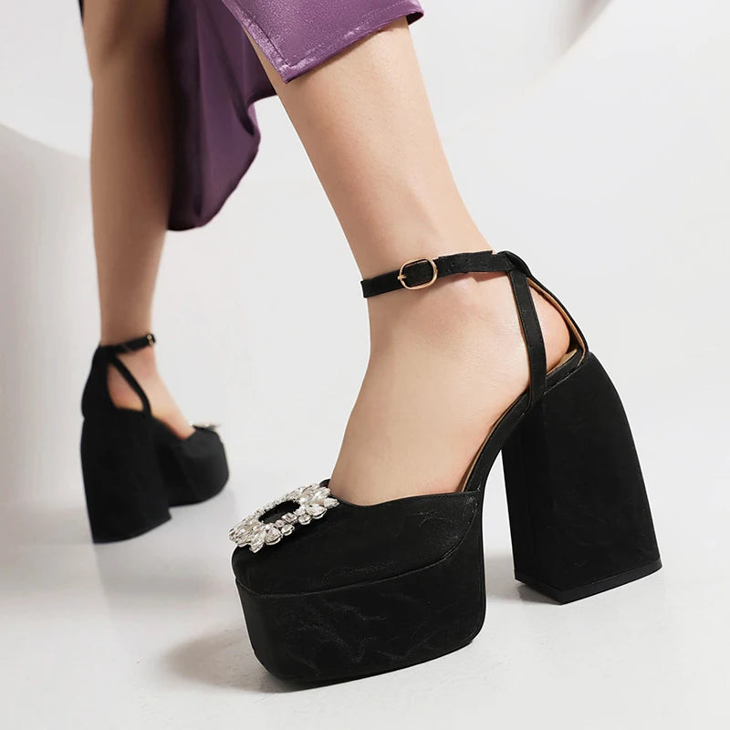 Plus Size Square Toe Super High Thick Heel Rhinestone Decal Hollow Sexy Women's Sandals Satin Fabric Ankle Strap Platform Sandal