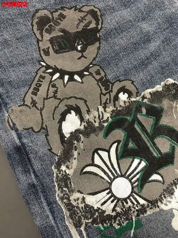 New Arrival Slim Fit Denim Jeans Cute Cartoon Bear Print for Men's Casual Spring Autumn Stretch Slim Jeans Hombre Graphic Jeans