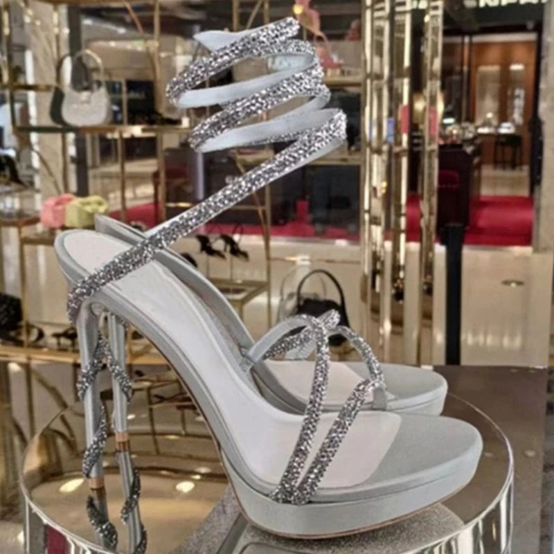 Summer new round toe waterproof table snake-shaped rhinestone women's shoes thin high-heeled banquet dress versatile sexy sandal