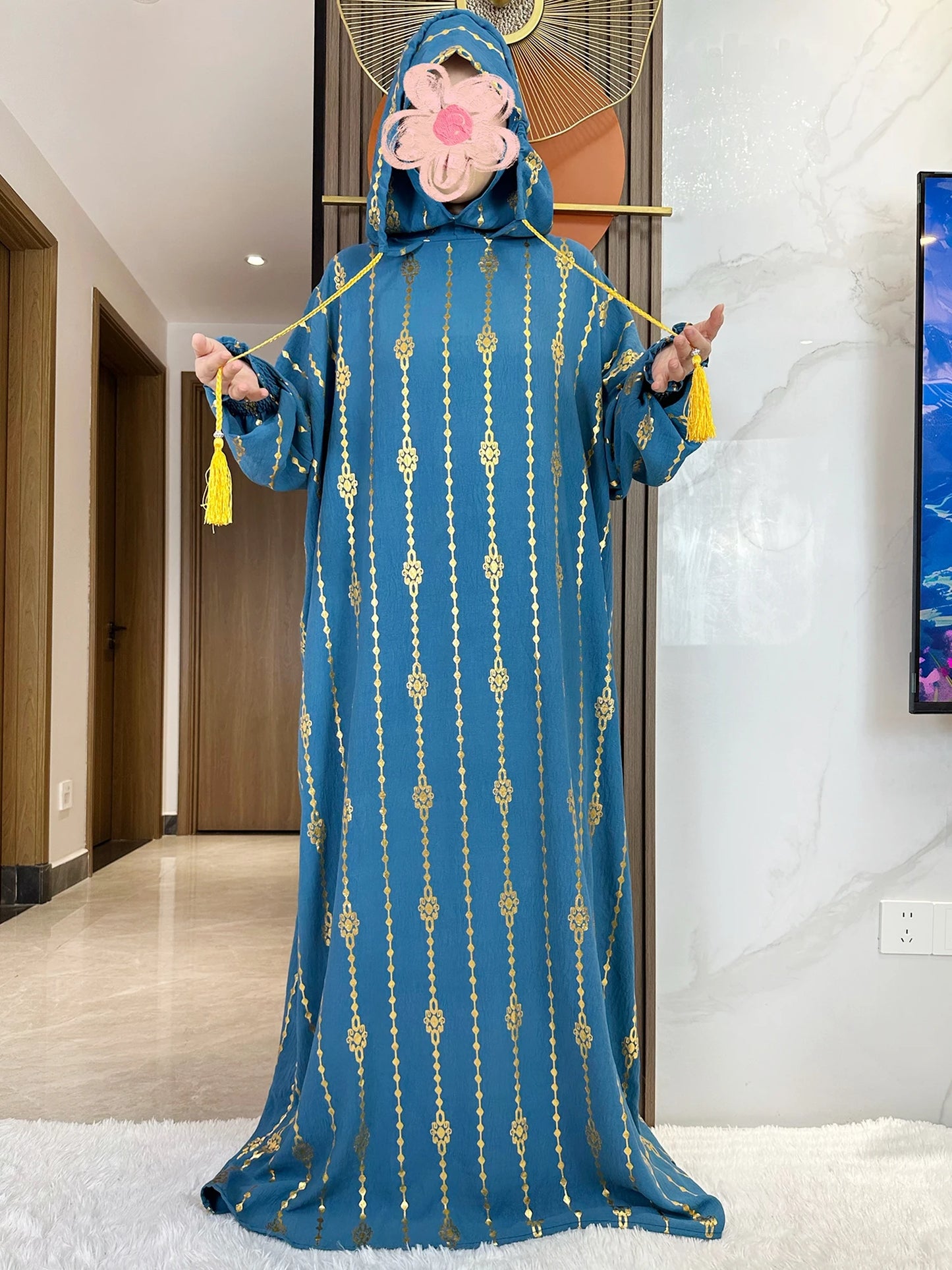 New Cotton Ramadan Muslim Two-Hat Abaya Dubai Turkey Islam Prayer Clothes Gold Dust Dress Islam Women Dress Kaftan