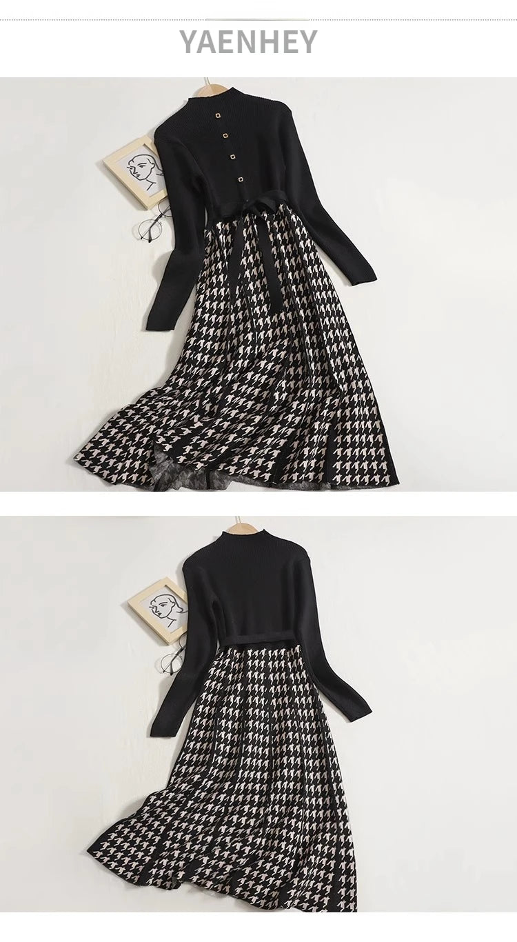 Korean Elegant Knitted Plaid Patchwork Midi Dress for Women Long Sleeve O-neck Bird Lattice Bow Pleated Dress Autumn Winter 2023