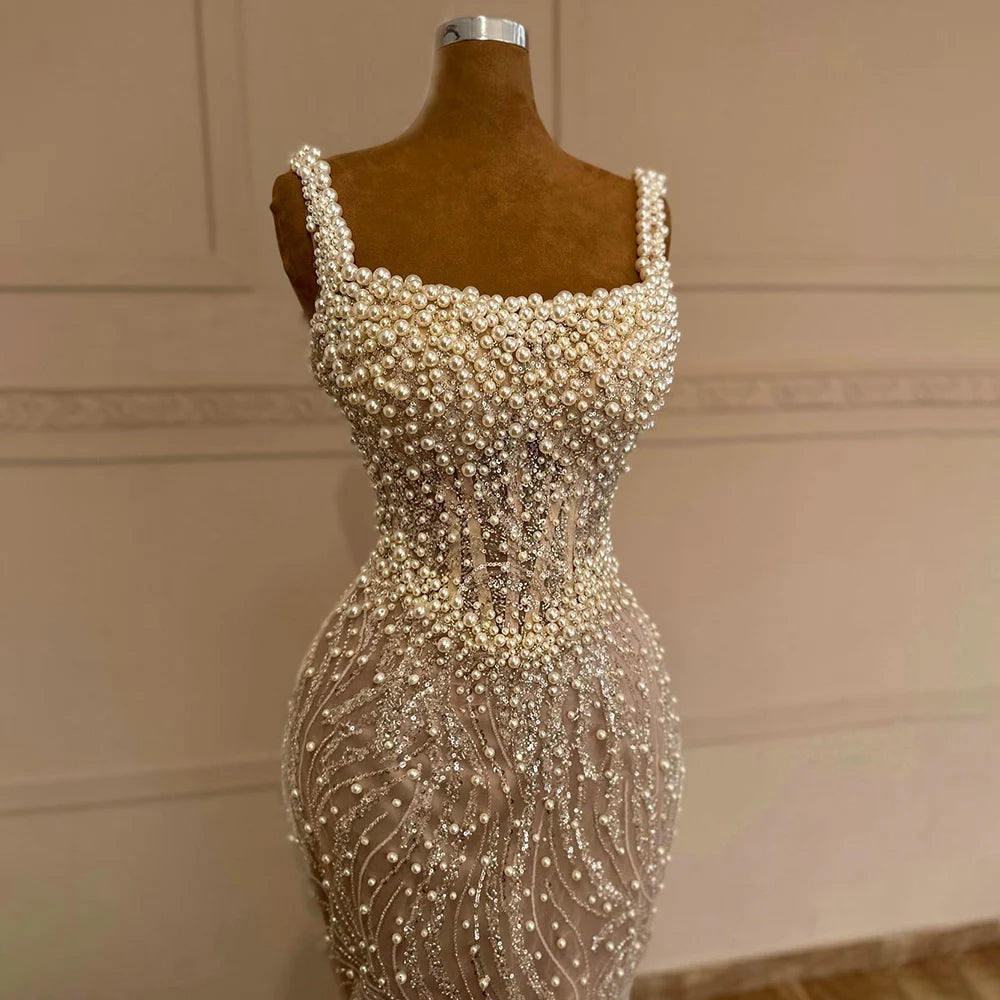 Serene Hill White Nude Spaghetti Strap Mermaid Evening Dresses Gowns Luxury Pearls Beaded For Women Wedding Party 2024 LA72266