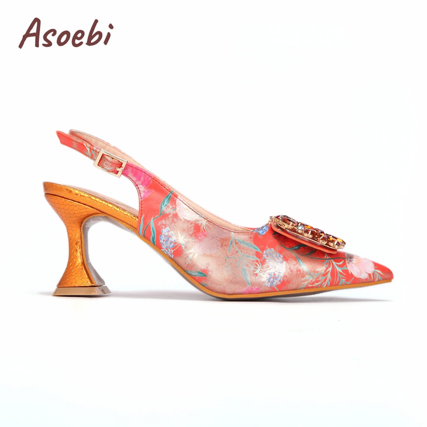 Women High Heels Sandals Printing Flower Material with Rhinestone Italian Design Coffee Color Pointed Toe Shoes and Bags Set