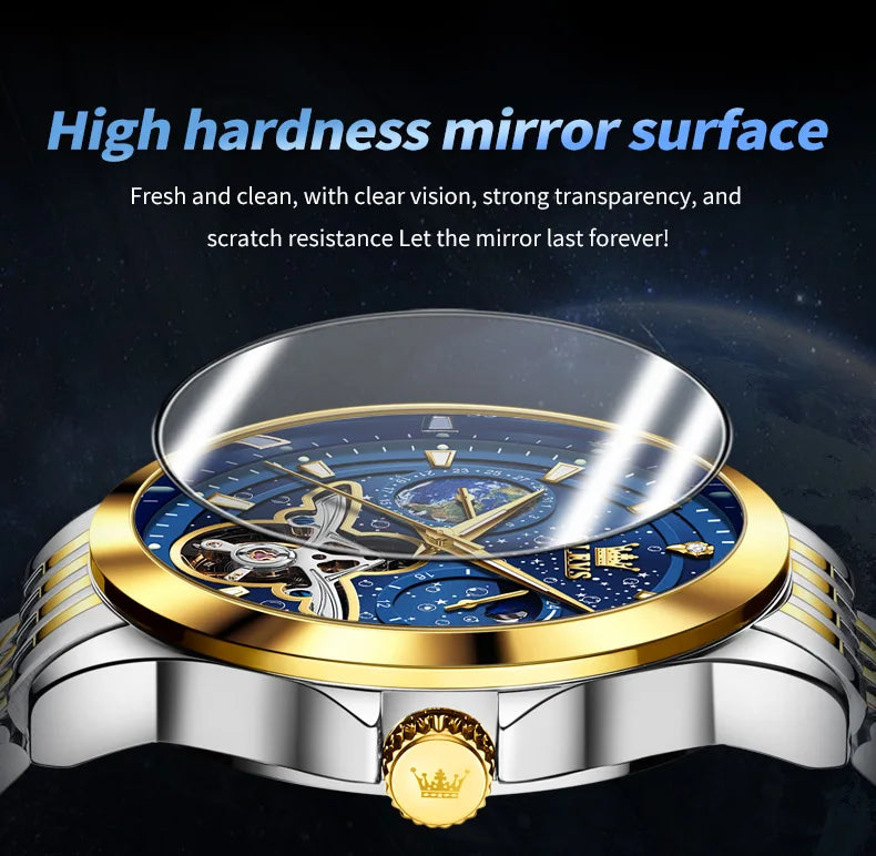 OLEVS Luxury Brand Men's Watches Luminous Waterproof Fully Automatic Mechanical Watch Starry Sky Dial Moon Phase Hollow Out