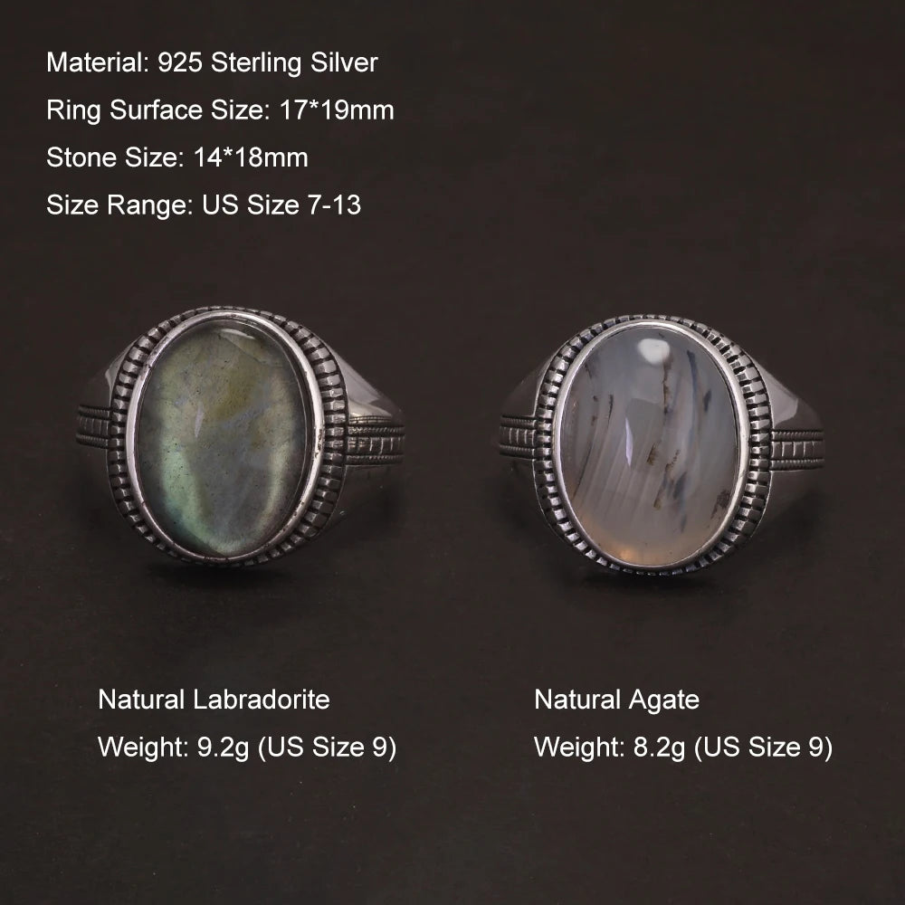 925 Sterling Silver Turkey Ring Men Labradorite Ring for Male Original Agate Rings Oval Natural Gemstone Luxury Turkish Jewelry