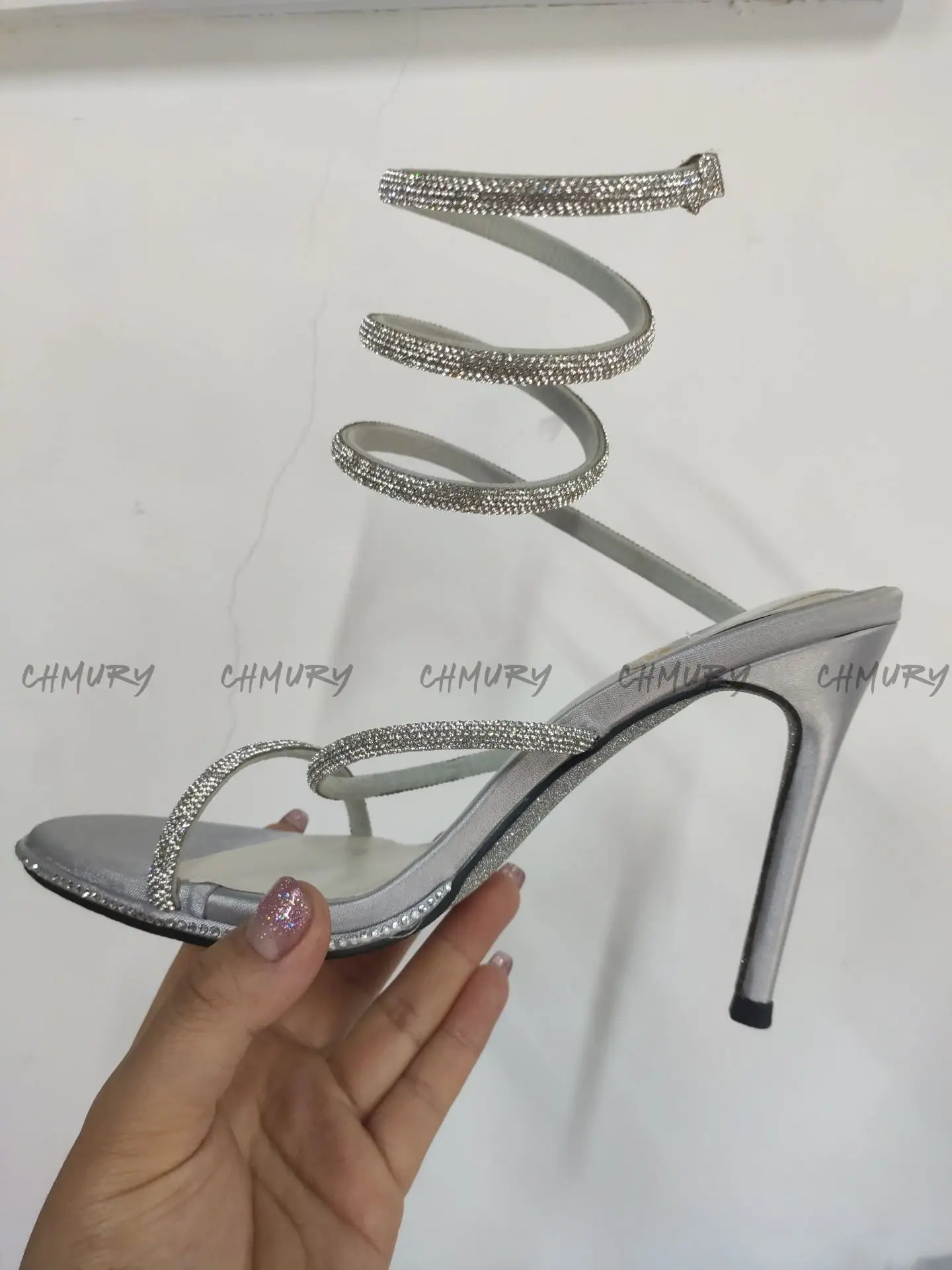 CHMURY Snake Wrapped Sandals Women's Summer Fashion 2024 New Black Sexy Rhinestone Glitter Craystal Thin Heel High Heels