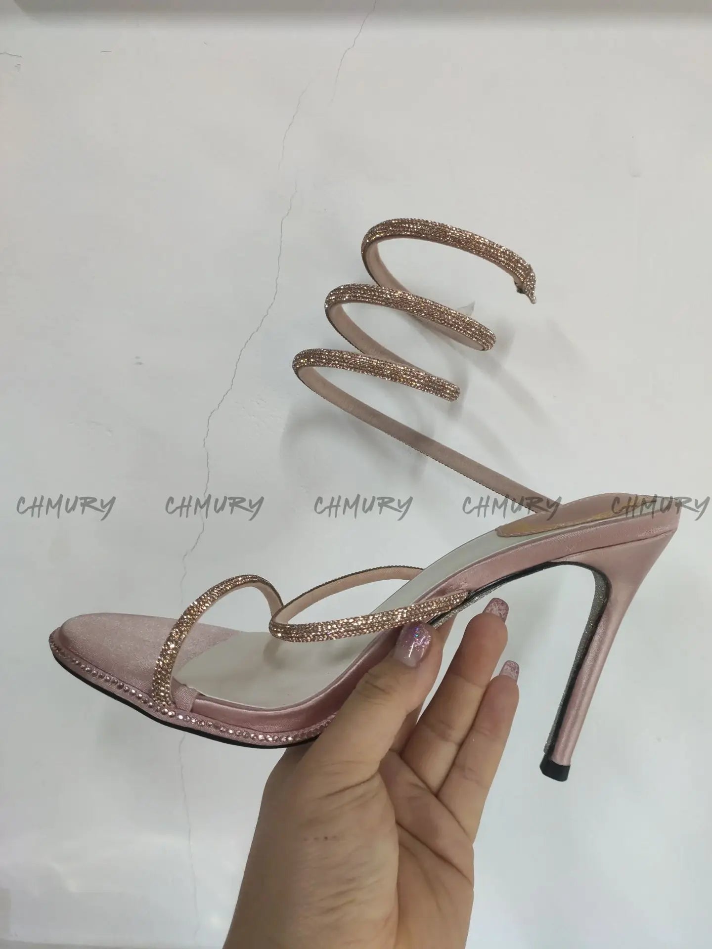 CHMURY Snake Wrapped Sandals Women's Summer Fashion 2024 New Black Sexy Rhinestone Glitter Craystal Thin Heel High Heels