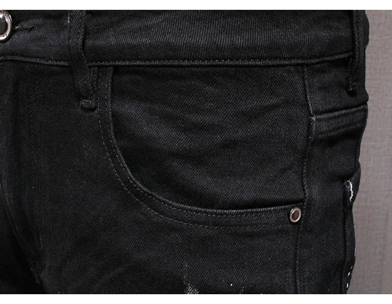 Streetwear Fashion Men Jeans Black Color Stretch Elastic Slim Fit Painted Ripped Jeans Men Patch Designer Hip Hop Pants Hombre