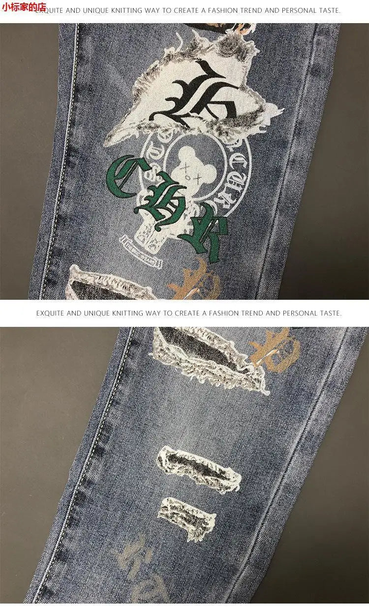 New Arrival Slim Fit Denim Jeans Cute Cartoon Bear Print for Men's Casual Spring Autumn Stretch Slim Jeans Hombre Graphic Jeans