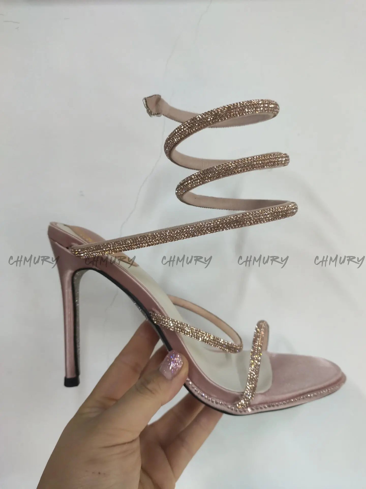 CHMURY Snake Wrapped Sandals Women's Summer Fashion 2024 New Black Sexy Rhinestone Glitter Craystal Thin Heel High Heels
