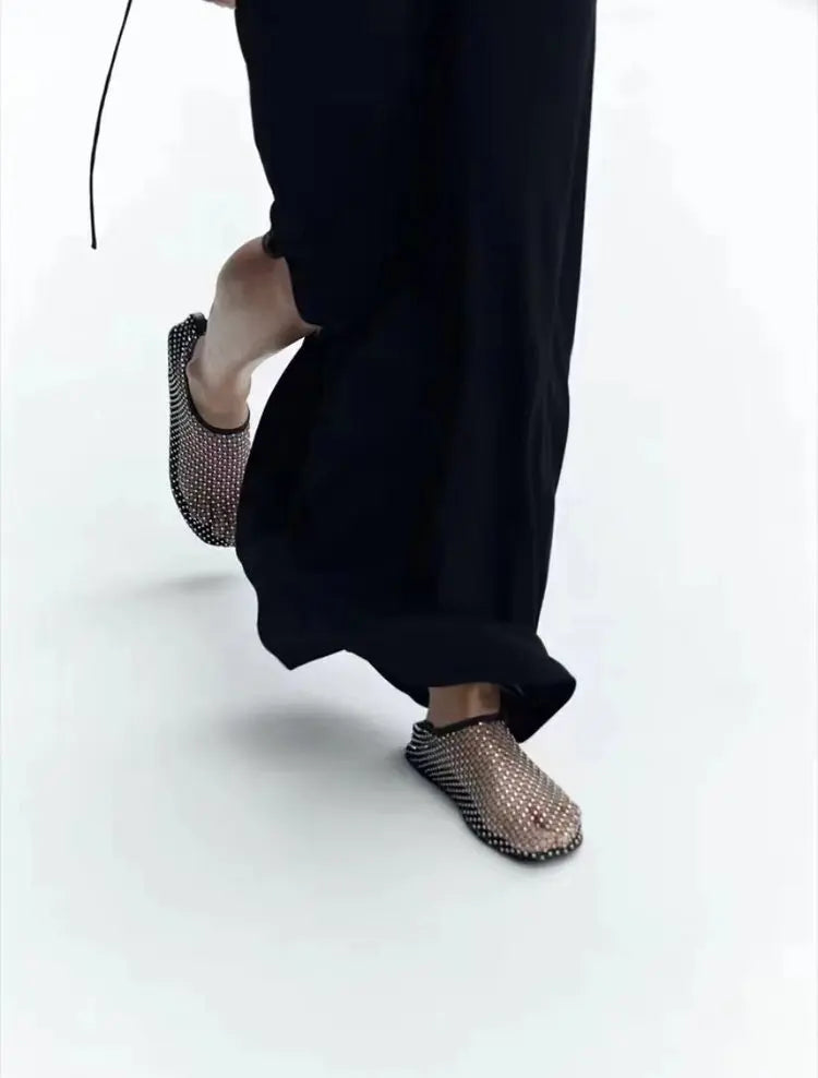 Shiny Mesh Low Heel Sandals Woman Summer Flats Luxury Crystal Woman Shoes Stretchy Sexy Rhinestone Cold Boots Sandalias Mujer