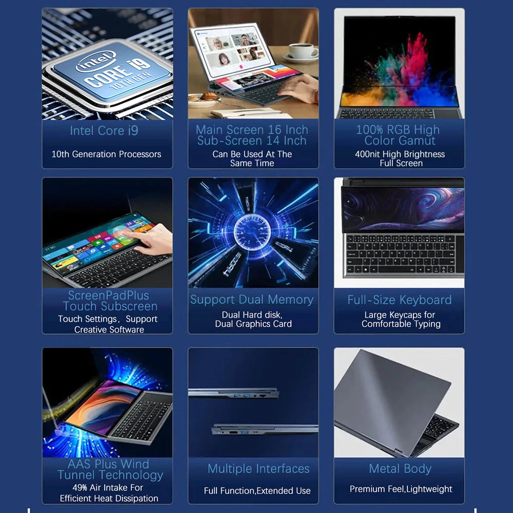 CRELANDER Double Screen Laptop Core i9 10th Generation Windows 11 Touch Screen Gamer Laptop PC Portable Notebook Computer