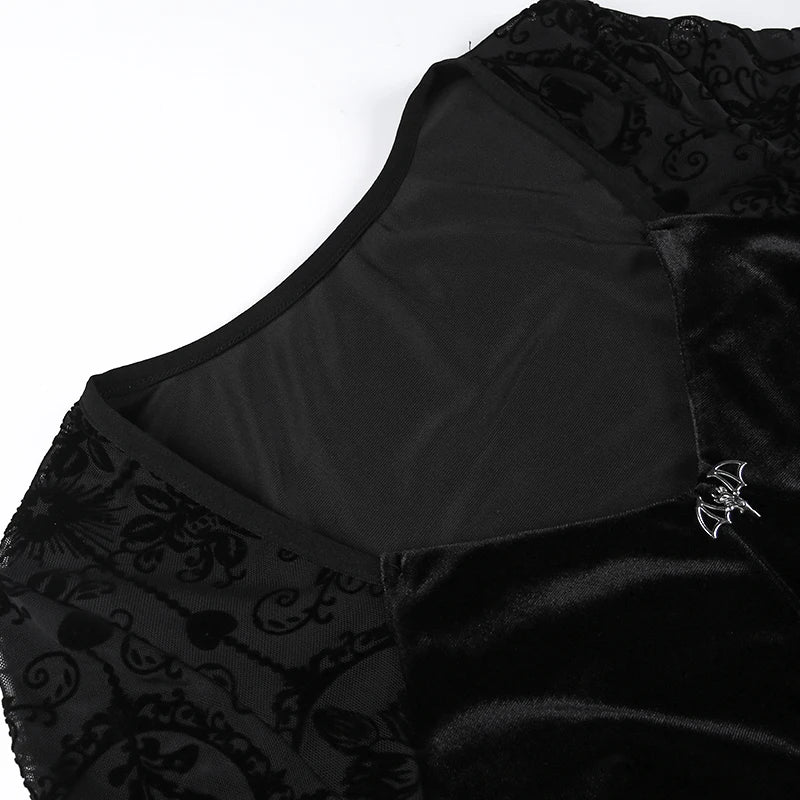 InsGoth Gothic Long Sleeve Ruffle Mini Dress Women's Vintage V Neck Velvet Stretchy Bodycon Cocktail Dresses Victorian Blouse