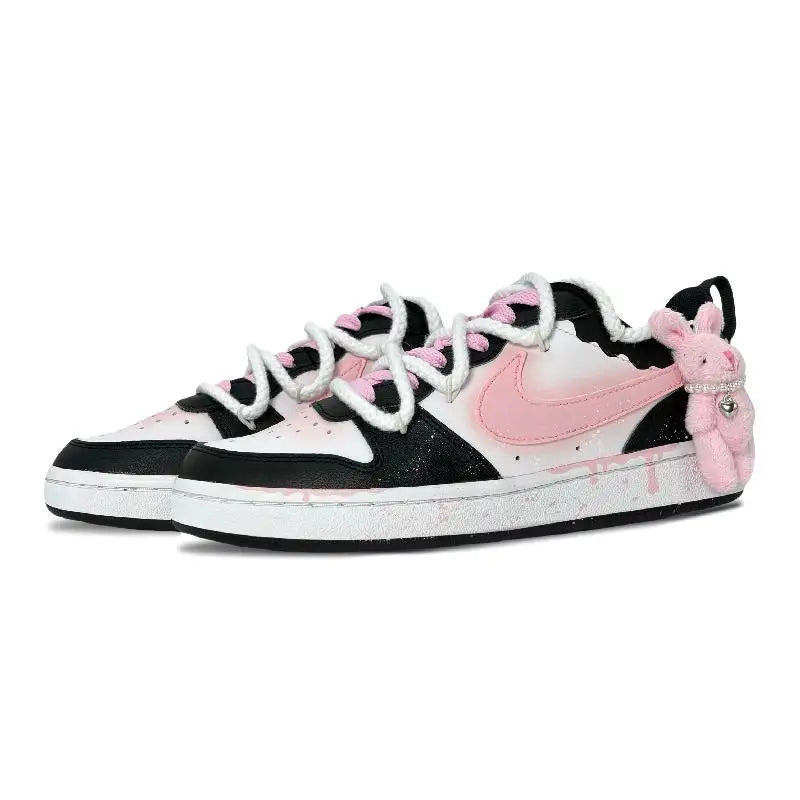 【Customize】Nike Court Borough Skateboarding Shoes Women's Low-top Black/white/pink Sneakers shoes BQ5448-115